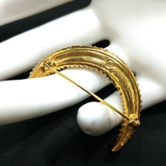 Crescent Moon Swarovski Signed Swan Logo Crystal Rhinestone Brooch, 1 3/4 Inches - Picture 3 of 9